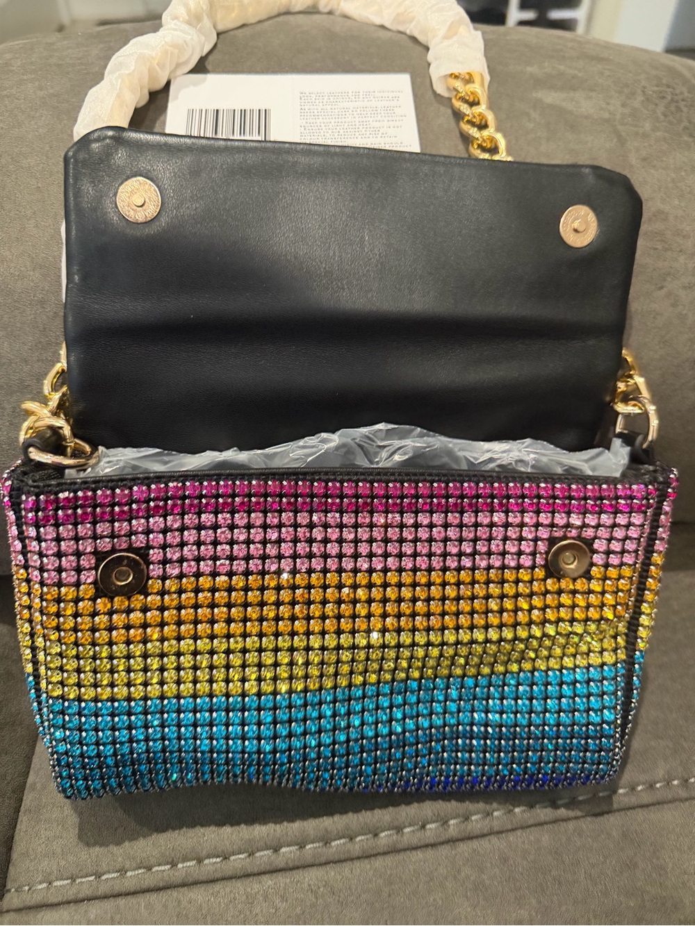 New Kurt Geiger Crystal-Embellished Multicolor Shoulder Bag with Gold Chain - Picture 5 of 6